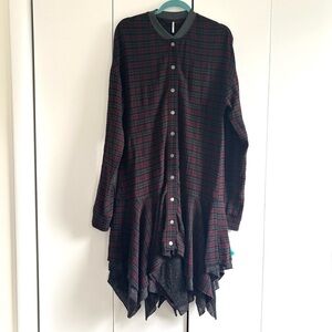 Free People Red Plaid Raw Layered Ruffle Hem Button-Up Jacket Duster Size XS